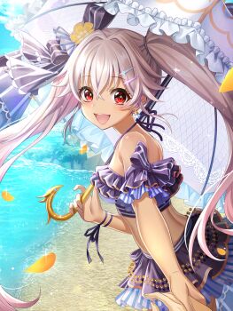 1girl 1other :d baizu_(guszx) bare_shoulders beach bikini blush bow breasts cowboy_shot dark-skinned_female dark_skin earrings flower frilled_bikini frills from_side hair_between_eyes hair_bow hair_ornament hairclip highres holding holding_hands holding_umbrella jewelry lips long_hair looking_at_viewer mireille_lerner ocean official_art open_mouth outdoors pink_hair pov pov_hands purple_bikini purple_bow red_eyes shironeko_project sidelocks small_breasts smile standing striped_bikini striped_bow striped_clothes swimsuit teeth third-party_source twintails umbrella upper_body very_long_hair water yellow_flower yellow_petals