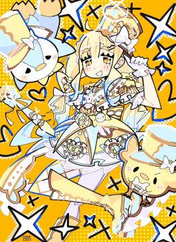 Rule 34 | baby animal, bird, blonde hair, boots, bourbunbun, bow, center frills, chick, commentary, drawn heart, drawn star, english commentary, frilled gloves, frills, gloves, halftone, hat, highres, holding, holding wand, indie virtual youtuber, penguin, penguin chick, skirt, tamamachi pue, wand, white bow, yellow boots, yellow eyes, yellow hat, yellow skirt