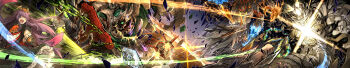 1girl absurdres battle bruise chain dragon dress duel_masters fighting frilled_dress frills giant giant_monster gradient_background hair_ornament hair_over_eyes highres injury kankan33333 long_hair long_image multicolored_hair open_mouth pink_hair purinpurin_(duel_masters) purple_hair teeth teeth_print tentacle_hair upper_teeth_only very_long_hair wide_image
