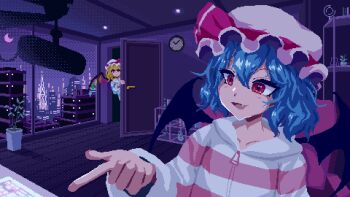 2girls akayu_pixel alternate_costume analog_clock bat_wings blonde_hair blue_hair blue_jacket building chair cityscape clock commentary_request computer_keyboard contemporary crescent_moon crystal_wings desk door fang flandre_scarlet hat hat_ribbon highres jacket medium_hair mob_cap moon multicolored_wings multiple_girls open_mouth pink_hat pink_jacket pixel_art plant pointing potted_plant red_eyes red_ribbon remilia_scarlet ribbon shelf sitting skyscraper striped_clothes striped_jacket touhou upper_body white_hat white_jacket window wings zipper zipper_pull_tab