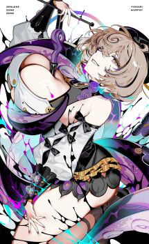 1girl accessories arched_back bare_shoulders between_breasts black_bow black_hat black_shoes blonde_hair bow breasts button_gap character_name cleavage copyright_name detached_sleeves hair_between_eyes hand_on_own_thigh hashtag-only_commentary hat highres holding holding_weapon ink large_breasts leg_up looking_at_viewer mole mole_under_mouth monster_girl mzet paint_on_body paint_splatter parted_lips purple_eyes purple_nails ringed_eyes scylla shirt shoes short_hair solo sticker suction_cups tentacle_girl tentacle_tail tentacles weapon white_background white_shirt white_sleeves yidhari_murphy zenless_zone_zero