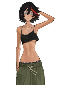 1girl absurdres arm_on_own_head arm_up armlet armpits belly black_hair black_panties blue_eyes bracelet breasts collarbone cowboy_shot crop_top cross cross_necklace floating_hair frilled_panties frills green_pants hair_between_eyes hand_in_pocket highres hip_bones jewelry kill_la_kill matoi_ryuuko multicolored_hair multiple_necklaces narrow_waist navel necklace panties pants panty_peek red_streaks short_hair simple_background skinny small_breasts standing streaked_hair sweatpants tefi_blum underboob underwear white_background