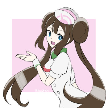 Rule 34 | 1girl, ascot, blue eyes, brown hair, commentary request, double bun, hair bun, haru (haru4782), highres, looking at viewer, nintendo, official alternate costume, open mouth, pink background, pokemon, pokemon masters ex, rosa (pokemon), rosa (special costume) (pokemon), solo, twitter username, upper body, white ascot, wristband