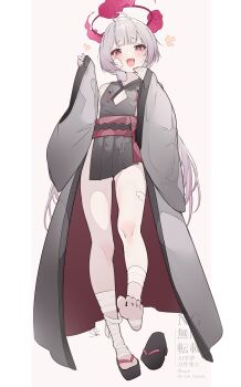 1girl absurdres aegyo_sal ahoge bandaged_foot bandaged_hand bandaged_leg bandages bandaid bandaid_on_cheek bandaid_on_face bell black_kimono black_nails blue_archive blunt_bangs blush cleavage_cutout clothing_cutout commentary_request diamond_cutout fang fingernails gauze gauze_on_cheek grey_hair halo haori highres japanese_clothes jingle_bell kimono long_hair looking_at_viewer nail_polish panties pelvic_curtain platform_sandals red_eyes sandals shuro_(blue_archive) sideless_kimono simple_background skin_fang smile solo tachibana_shiori_(suica_112) underwear very_long_hair white_background white_panties