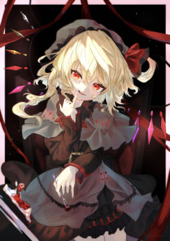 1girl absurdres alternate_costume black_dress black_hat blonde_hair bow capelet commentary cranberry crystal_wings dress fang fang_out fingernails flandre_day flandre_scarlet fork frilled_hat frills gothic_lolita grey_capelet grey_overskirt hat hat_bow head_tilt highres holding holding_fork ipi-molcar lolita_fashion long_sleeves looking_at_viewer mob_cap one_side_up orange_eyes pinky_out red_bow red_ribbon ribbon solo touhou wings