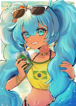 1girl aqua_eyes aqua_hair blush brazilian_flag brazilian_flag_print brazilian_miku can commentary_request crop_top dark-skinned_female dark_skin earrings eyewear_on_head flag_print gold_earrings guarana_antarctica hair_between_eyes hair_ornament hatsune_miku highres holding holding_can jewelry long_hair navel open_mouth print_shirt rectangular_earrings shibedraws shirt short_sleeves smile solo sunglasses tan tanline twintails vocaloid yellow_shirt