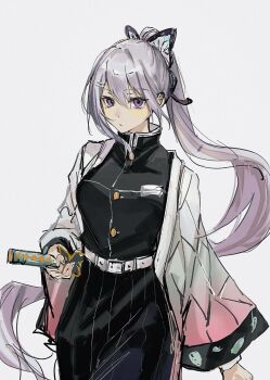 1girl animal_print belt black_dress butterfly_hair_ornament butterfly_print cosplay dress hair_ornament haori happyceleryisme highres higuchi_kaede holding holding_sword holding_weapon japanese_clothes katana kochou_shinobu kochou_shinobu_(cosplay) long_hair looking_at_viewer nijisanji ponytail purple_eyes simple_background solo sword virtual_youtuber weapon white_background white_belt white_hair