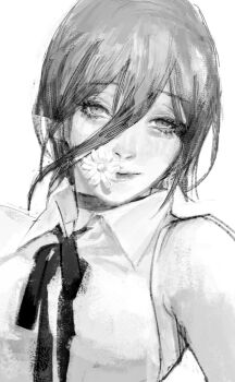 1girl aegyo_sal black_choker black_ribbon chainsaw_man choker flower flower_in_mouth greyscale hair_between_eyes long_hair_between_eyes monochrome neck_ribbon reze_(chainsaw_man) ribbon shirt short_hair sleeveless sleeveless_shirt solo taak_choi white_background white_shirt