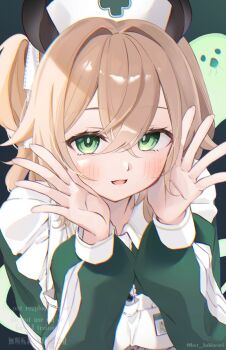 1girl animal_ears apron blush brown_hair commentary dress green_dress green_eyes hat highres hot_kakigoori indie_virtual_youtuber looking_at_viewer maid maid_apron naplings_(nimi_nightmare) nimi_nightmare nimi_nightmare_(1st_costume) nurse_cap open_mouth smile solo symbol-only_commentary tapir_ears tapir_girl virtual_youtuber white_apron white_hat