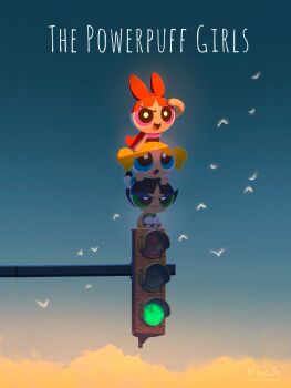 3girls annoyed bird black_eyes black_hair blonde_hair blossom_(ppg) blue_dress blue_eyes blunt_bangs bow bright_pupils bubbles_(ppg) buttercup_(ppg) cartoon_network cloud commentary copyright_name dress evening frown gradient_sky green_dress green_eyes hair_bow highres human_tower long_hair mary_janes multiple_girls no_feet no_hands noah_(rokoroko) on_head open_mouth orange_hair orange_sky outdoors pantyhose parted_bangs pink_dress pink_eyes powerpuff_girls red_bow shade shoes short_hair siblings single_horizontal_stripe sisters sky sleeveless sleeveless_dress smile stacking striped_clothes striped_dress symbol-only_commentary toon_(style) traffic_light triplets twintails v-shaped_eyebrows white_pantyhose white_pupils