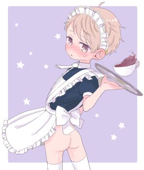1boy ass blonde_hair blush border drink maid male_focus original purple_background shota solo star_(symbol) sweatdrop wrmg_hmhm