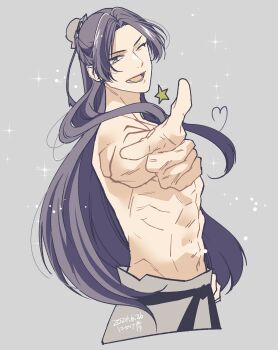 Rule 34 | 1boy, abs, absurdres, belt, black belt, bun cover, commentary request, cropped legs, dated, grey background, grey pants, hair bun, half updo, hand on own hip, highres, jinshi (kusuriya no hitorigoto), kusuriya no hitorigoto, male focus, one eye closed, open mouth, pants, parted bangs, pointing, pointing at viewer, purple eyes, purple hair, smile, solo, sparkle, takehide, topless male