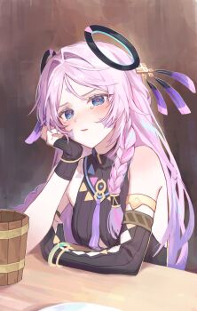 1girl absurdres arm_support asymmetrical_gloves bare_shoulders black_gloves blue_eyes braid citlali_(genshin_impact) commentary elbow_gloves facial_mark fingerless_gloves genshin_impact gloves hair_intakes highres indoors long_hair looking_at_viewer parted_lips pink_hair pink_pupils single_elbow_glove sitting solo table tearing_up triangle triangle_facial_mark uneven_gloves y91210666