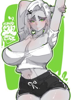 1girl absurdres arm_behind_head arms_up artist_name black_shorts border bra bra_peek breasts colored_skin commentary cowboy_shot dolphin_shorts earrings english_commentary green_background green_eyes grey_skin hair_ornament highres jewelry jrpencil large_breasts looking_at_viewer midriff original outside_border parted_hair parted_lips raised_inner_eyebrows seductive_smile shirt short_hair short_shorts short_sleeves shorts smile solo underwear white_border white_hair white_shirt