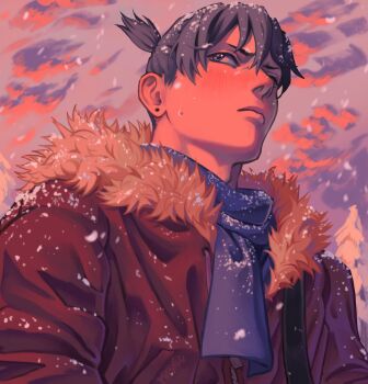 Rule 34 | absurdres, blue scarf, blush, chainsaw man, commentary, earrings, english commentary, from below, hayakawa aki, highres, jewelry, male focus, outdoors, phosmic, scarf, short hair, snow, solo, topknot, winter clothes