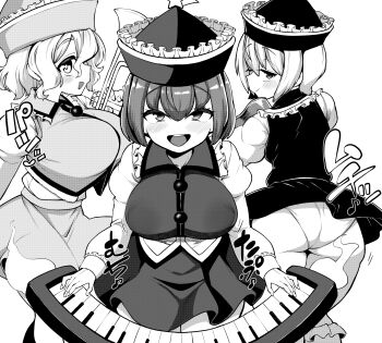 3girls ass breasts heart himajin_noizu large_breasts lunasa_prismriver lyrica_prismriver merlin_prismriver monochrome multiple_girls musical_note panties touhou underwear