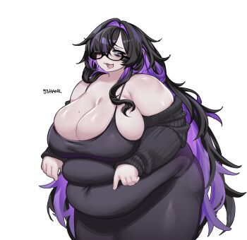 1girl 53hank absurdres alternate_body_size alternate_breast_size_(larger) artist_name bags_under_eyes bare_shoulders black-framed_eyewear black_hair breasts cleavage colored_inner_hair commentary covered_navel cowboy_shot dot_nose english_commentary fat goddess_of_victory:_nikke hair_over_breasts hair_over_one_eye highres huge_breasts label_(nikke) long_hair looking_at_viewer mole mole_on_breast multicolored_hair open_mouth purple_eyes purple_hair semi-rimless_eyewear simple_background solo thick_arms thick_thighs thighs two-tone_hair under-rim_eyewear white_background