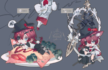 1boy animal_ears black_hat black_pants blue_eyes boots cane chibi chibi_only english_text eyepatch food fork frills full_body gloves grey_background hair_between_eyes hair_ornament hat holding liulianjingrua looking_at_viewer lying male_focus meat mini_person multiple_views on_stomach open_mouth original pants plate red_hair ribbon shirt short_hair simple_background squiggle tears tomato tomato_slice top_hat