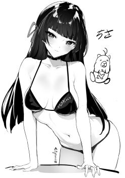 1girl absurdres bare_shoulders bikini blunt_bangs breasts chisa_(wuthering_waves) choker cleavage collarbone commentary greyscale hair_ribbon halterneck highres long_hair looking_at_viewer medium_breasts monochrome namipon_(wuthering_waves) navel porroll ribbon simple_background solo stomach swimsuit twitter_username white_background wuthering_waves