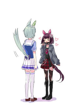 2girls absurdres alternate_costume animal_ears bare_shoulders black_shirt black_thighhighs blunt_bangs blush bow breasts brown_hair choker closed_eyes collarbone ear_covers ear_ornament grey_hair grey_jacket hair_ornament hairband hands_on_own_hips heart highres horse_ears horse_girl horse_tail jacket looking_at_viewer morizu929 multiple_girls nishino_flower_(umamusume) open_clothes open_jacket open_mouth pink_hairband plaid_clothes plaid_skirt pleated_skirt puffy_short_sleeves puffy_sleeves purple_bow purple_shirt red_skirt sailor_collar sailor_shirt school_uniform seiun_sky_(umamusume) shirt shoes short_hair short_sleeves skirt sleeveless sleeveless_shirt small_breasts smile tail thighhighs tracen_school_uniform umamusume white_sailor_collar white_skirt white_thighhighs x_hair_ornament