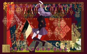 1girl absurdres animal_ears artist_name atelier_tefu black_jacket black_shoes black_socks border chandelier collar commentary curtains dated fire flag flower from_side grass highres inset_border jacket leaf long_hair moon necktie pale_skin pixel_art purple_border purple_hair purple_skirt rabbit_ears red_necktie reisen_udongein_inaba shirt shoes skirt socks solo touhou white_collar white_shirt