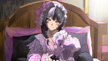 Rule 34 | 1girl, absurdres, black hair, black nails, bonnet, braid, breasts, cleavage, closed mouth, highres, hololive, hololive english, indoors, large breasts, long hair, looking at viewer, low twin braids, monchihan, official alternate costume, on bed, pajamas, pink pajamas, shiori novella, shiori novella (sleepwear), smile, solo, twin braids, virtual youtuber, yellow eyes