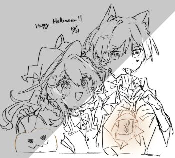 1boy 1girl alternate_species animal_ears blunt_ends blush bow bowtie candy cat_ears corset cross-shaped_pupils eyelashes facial_mark fingernails food frilled_shirt frills genshin_impact greyscale hair_between_eyes hair_ornament halloween_costume hands_up happy_halloween hat heart heart_facial_mark highres holding holding_candy holding_food holding_lantern holding_lollipop jack-o&#039;-lantern lantern leaf leaf_hair_ornament lollipop monochrome nahida_(genshin_impact) onu5mochini open_mouth pointy_ears scaramouche_(genshin_impact) sharp_fingernails shirt side_ponytail sidelocks sketch symbol-shaped_pupils tareme tsurime wispy_bangs witch_hat