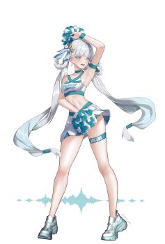 1girl absurdres arm_strap arm_up armpits blue_bow bow breasts cheerleader clothes_writing commentary_request crop_top earrings hair_bow has_bad_revision has_downscaled_revision highres holding holding_pom_poms jewelry jinhsi_(wuthering_waves) low_twintails md5_mismatch medium_breasts multiple_hair_bows navel pom_pom_(cheerleading) pom_poms resolution_mismatch shoes simple_background skirt smile solo source_smaller stomach teeth thigh_strap twintails upper_teeth_only utim white_background white_hair white_shoes white_skirt wuthering_waves