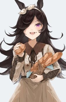 1girl 9_no_seicho_nikki absurdres animal_ears baguette basket blush bow_hairband bread brown_dress brown_hair brown_hairband brown_ribbon casual collared_dress commentary_request dress flipped_hair food hair_over_one_eye hairband highres holding holding_basket horse_ears horse_girl long_hair long_sleeves looking_at_viewer open_mouth purple_eyes ribbon rice_shower_(casual)_(umamusume) rice_shower_(umamusume) simple_background smile solo umamusume