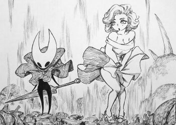 2girls absurdres arthropod_girl black_skin breasts chronozbergh cleavage cloak clock clothes_lift colored_skin commentary crossover dress dress_lift earrings english_commentary greyscale high_heels highres hollow_knight hollow_knight:_silksong horned_mask hornet_(hollow_knight) jewelry marilyn_monroe mask monochrome multiple_girls needle_(hollow_knight) open_mouth real_life shoes skirt skirt_tug traditional_media wind wind_lift