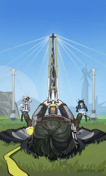 3girls :d arknights arknights:_endfield arm_up artist_name black_gloves black_hair blue_sky chen_qianyu_(arknights) clear_sky coat commentary dragon_horns dragon_tail endministrator_(arknights) english_commentary female_endministrator_(arknights) gloves grass hand_on_own_head highres horns long_sleeves looking_at_another mountainous_horizon multiple_girls open_clothes open_coat open_mouth outdoors outstretched_arm parted_lips perlica_(arknights) phallic_symbol photo-referenced reisa_at_the_washington_monument sexually_suggestive shaded_face short_hair sky sleepyowl_(jobkung15) smile stitched tail third-party_edit tower twitter_username white_coat