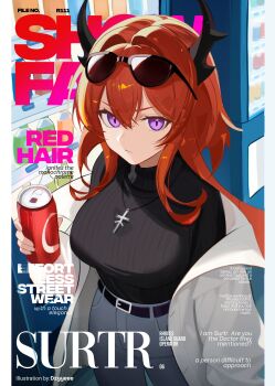 1girl absurdres arknights artist_name belt black_belt black_horns black_sweater breasts buckle can character_name closed_mouth commentary cover cowboy_shot double-parted_bangs drink_can dzyyeee english_commentary english_text fake_magazine_cover grey_pants hair_between_eyes highres holding holding_can horns jacket jacket_partially_removed jewelry large_breasts long_hair looking_at_viewer magazine_cover necklace off_shoulder open_clothes open_jacket pants purple_eyes red_hair soda_can solo standing surtr_(arknights) sweater vending_machine white_jacket