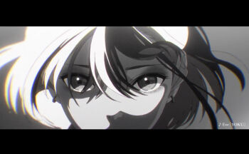 1girl close-up commentary_request crossed_bangs earrings grey_background greyscale hair_between_eyes jewelry letterboxed looking_at_viewer monochrome mouth_out_of_frame original partially_shaded_face short_hair simple_background solo straight-on yoneyama_mai