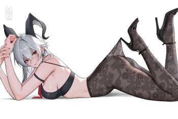 1girl absurdres arm_strap artist_name ass bare_shoulders black_bra black_horns black_pantyhose black_shoes blush bra breasts closed_mouth commentary curled_horns earrings fingernails from_side hair_between_eyes hands_up high_heels highres horns jewelry lace_pantyhose_hooked_on_heel_(meme) looking_to_the_side lying medium_breasts meme nail_polish necktie no_shirt on_stomach pantyhose quilm red_eyes red_nails red_necktie shoes sidelocks solo underwear wuthering_waves zani_(wuthering_waves)