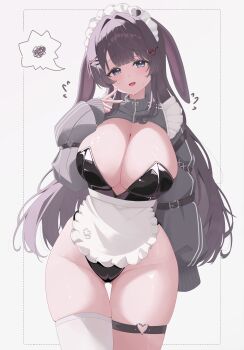 Rule 34 | 1girl, absurdres, animal ears, apron, arm at side, asymmetrical legwear, black hair, black leotard, breasts, cha-shion, commentary request, cowboy shot, droopy ears, gluteal fold, grey shrug, hair intakes, hair ornament, hand up, heart, heart hair ornament, heart o-ring, highres, huge breasts, leotard, long hair, long sleeves, looking at viewer, maid, maid headdress, o-ring, o-ring thigh strap, playboy bunny, rabbit ears, raised inner eyebrows, shirayuki hina, shrug (clothing), simple background, single thighhigh, sleeves past fingers, sleeves past wrists, solo, speech bubble, spoken squiggle, squiggle, standing, stellive, strapless, strapless leotard, sweat, thigh strap, thighhighs, v, virtual youtuber, waist apron, white apron, white background, white thighhighs, x hair ornament