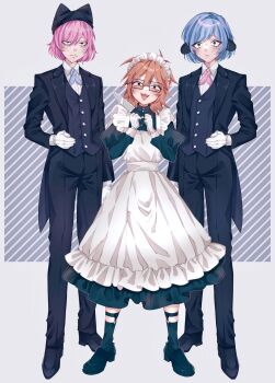 3boys animal_ears animal_hat apron black_eyes black_suit black_vest blue_hair butler cat_hat commentary crossdressing crossdressing_(mtf) english_commentary facial_mark fake_animal_ears fang formal_clothes glasses gloves grey_background hat highres juliet_sleeves long_sleeves looking_at_viewer maid maid_apron maid_headdress male_focus multiple_boys nyen_(randal&#039;s_friends) nyon_(randal&#039;s_friends) orange_hair pink_hair puffy_sleeves randal&#039;s_friends randal_ivory short_hair standing suit tkt_tru vest whisker_markings white_apron white_gloves
