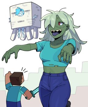 1boy 1girl absurdres blue_pants blue_shirt breasts colored_tongue ghast grey_hair highres holding holding_sword holding_weapon long_hair maejpg midriff minecraft minecraft_sword pants purple_tongue red_eyes shirt small_breasts steve_(minecraft) stitched_arm stitched_face stitches sword teeth tongue tongue_out upper_teeth_only weapon zombie_(minecraft)