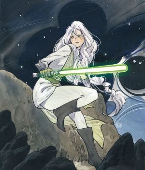 Rule 34 | 1girl, barash silvain, black boots, blush, boots, braid, brown robe, comic cover, energy sword, gloves, green eyes, green lightsaber, highres, holding, holding sword, holding weapon, jedi, jedi knight, lightsaber, long hair, marvel, official art, peach momoko, robe, rock, signature, smoke, solo, star (sky), star wars, star wars: the high republic, sword, textless version, traditional media, two-tone robe, weapon, white hair, white robe
