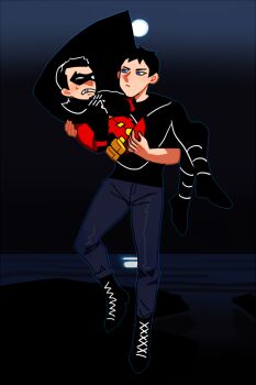 2boys black_hair blue_eyes cape carrying dc_comics denim domino_mask eye_mask flying gloves jeans male_focus mask moon multiple_boys night ocean pants robin_(dc) superboy tim_drake young_justice young_justice:_invasion