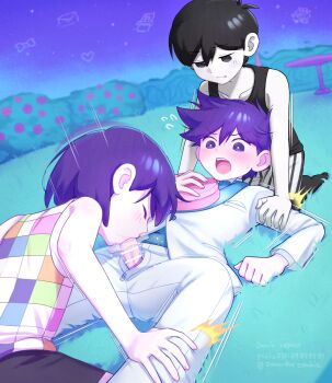 3boys bar_censor bare_shoulders black_eyes black_hair black_socks black_tank_top blush brothers censored closed_eyes closed_mouth commission erection fellatio formal_clothes group_sex hero_(headspace)_(omori) hero_(omori) highres incest kel_(headspace)_(omori) kel_(omori) kodomo_doushi lying male_focus mmm_threesome multiple_boys omori omori_(omori) on_back on_ground open_mouth oral outdoors penis pixiv_id purple_eyes purple_hair shorts shota siblings socks suit sweatdrop tank_top threesome twitter_username watermark yaoi zonu_the_zombie