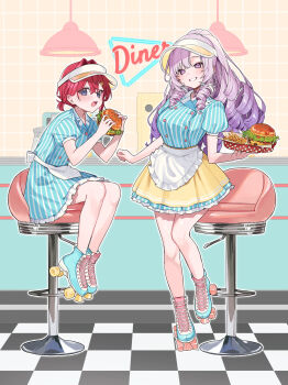 2girls ange_katrina apron blue_eyes blush breasts burger chair diner dress drill_hair flat_chest food french_fries grin hair_intakes highres holding holding_burger holding_food hyakumantenbara_salome large_breasts long_hair looking_at_viewer multiple_girls nijisanji nikuya_mugi on_stool open_mouth ponytail purple_eyes purple_hair red_hair roller_skates short_hair short_ponytail sitting skates smile standing standing_on_one_leg striped_clothes striped_dress swivel_chair vertical-striped_clothes vertical-striped_dress virtual_youtuber visor_cap waitress white_apron