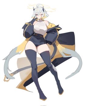 1girl ahoge bare_shoulders blonde_hair blue_leotard blue_thighhighs commentary covered_navel detached_sleeves gold_trim gya_rb hair_between_eyes halo hand_on_own_hip headgear highres leotard long_hair looking_at_viewer low_twintails multicolored_hair narrow_waist one_eye_closed raised_eyebrows renewa_(trickcal) shirt_tucked_in simple_background solo standing sweater thighhighs trickcal turtleneck turtleneck_sweater twintails very_long_hair white_background white_hair wide_hips yellow_halo