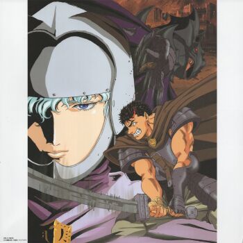 1990s_(style) 3boys armor bandaged_hand bandages berserk bleeding blood blue_eyes boscogn brown_cape brown_hair cape castle copyright_notice emblem expressionless griffith_(berserk) grin guts_(berserk) hair_over_one_eye helmet highres holding holding_sword holding_weapon looking_at_viewer looking_back multiple_boys muscular muscular_male non-web_source official_art pillarboxed retro_artstyle scan short_hair shoulder_armor smile sword two-handed weapon white_hair
