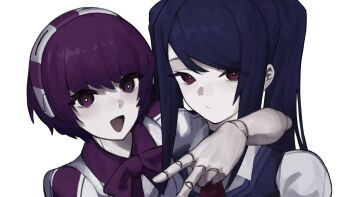 Rule 34 | 2girls, ateri illust, bartender, commentary, dorothy haze, english commentary, jill stingray, long hair, looking at viewer, multiple girls, necktie, pink eyes, pink hair, purple hair, red eyes, red necktie, shirt, short hair, simple background, smile, twintails, va-11 hall-a, white background, white shirt