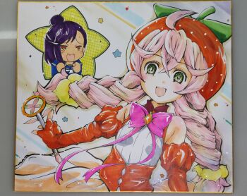 2girls :d acro_trip ahoge berry_blossom bow braid breasts chibi date_chizuko dress elbow_gloves fingerless_gloves fruit_hat gloves hair_bun hat highres holding holding_wand kurosaki_mairi long_hair medium_hair multiple_girls open_mouth pink_bow pink_hair red_gloves red_hat school_uniform small_breasts smile star_(symbol) strawberry_hat traditional_media twin_braids twintails upper_body wand