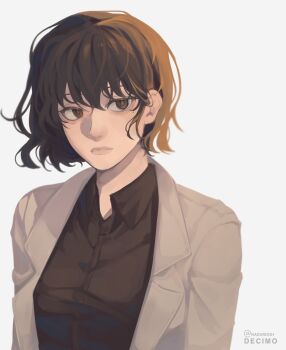 1girl aegyo_sal black_eyes black_hair black_shirt bob_cut coat collared_shirt expressionless han_sooyoung highres looking_to_the_side nadardoh omniscient_reader&#039;s_viewpoint open_clothes open_coat popped_collar shirt short_hair sidelighting solo upper_body white_coat