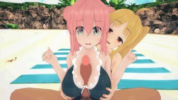 1boy 2girls 3d animated assisted_paizuri beach bikini bisexual_female blonde_hair blue_bikini blue_eyes bocchi_the_rock! closed_mouth dark-skinned_male dark_skin day dot_nose double_bun edmond embarrassed empty_eyes eyebrows_hidden_by_hair gotoh_hitori grabbing_another&#039;s_breast groping hair_bun ijichi_nijika interracial koikatsu_(medium) long_hair looking_at_viewer multicolored_bikini multiple_girls naughty_face outdoors paizuri penis petite pink_hair ponytail pov pov_crotch red_eyes side_ponytail smile swimsuit tagme two-tone_bikini video white_bikini yellow_bikini