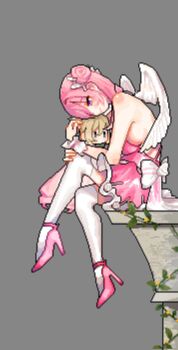 1girl ajinashi angel_wings bare_shoulders braid breasts character_doll cleavage collarbone doll dorothy_(nikke) dorothy_(nostalgia)_(nikke) dress feathered_wings goddess_of_victory:_nikke hair_bun hair_ribbon halter_dress halterneck highres holding large_breasts long_hair official_alternate_costume pink_dress pink_eyes pink_hair pinne_(nikke) pixel_art ribbon sitting solo thighhighs white_ribbon white_thighhighs white_wings wings