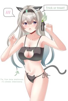 1girl :o animal_ears black_panties black_ribbon blush breasts brown_hairband cat_ears cat_lingerie cat_tail cleavage firefly_(honkai:_star_rail) gradient_hair green_pupils grey_hair hair_between_eyes hair_intakes hair_ornament hair_ribbon hairband highres honkai:_star_rail honkai_(series) large_breasts long_hair multicolored_eyes multicolored_hair niwashi_nero open_mouth panties paw_pose ribbon solo string_panties tail teeth trick_or_treat underwear upper_teeth_only