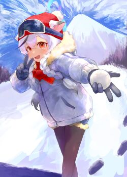 Rule 34 | 1girl, alternate costume, animal ears, blue archive, blue sky, brown pantyhose, gloves, goggles, kokona (blue archive), looking at viewer, mountain, pantyhose, shimeji take, shorts, sky, snow, solo, twitter
